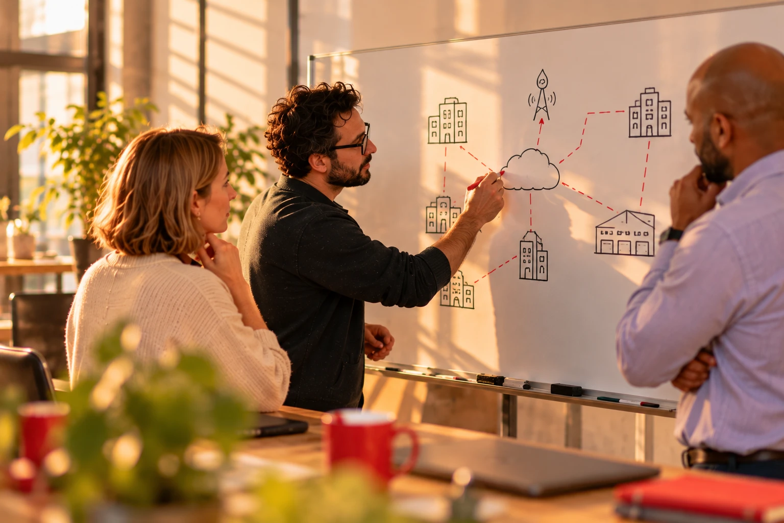 Ingénieur réseau dessinant l’architecture d’un réseau multisite au tableau blanc