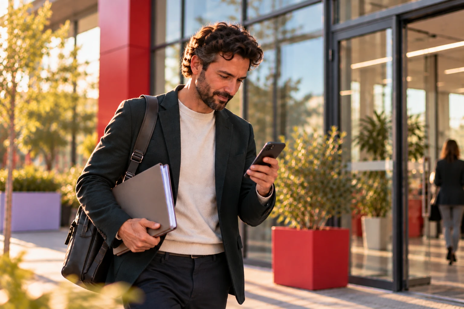Commercial consultant son smartphone professionnel en sortant d’un rendez-vous