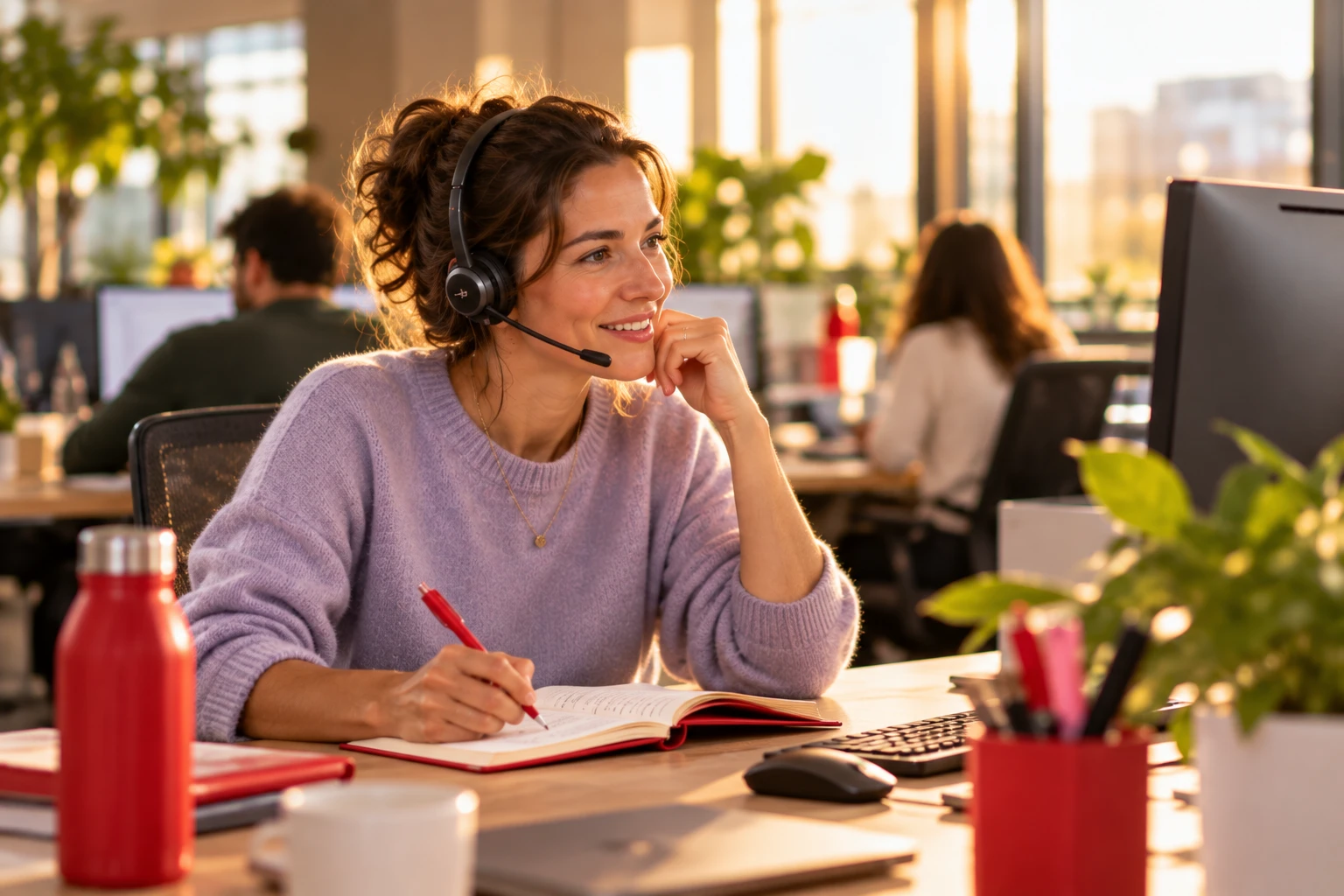 Chargée de clientèle en casque-micro, en conversation avec un client dans un bureau lumineux