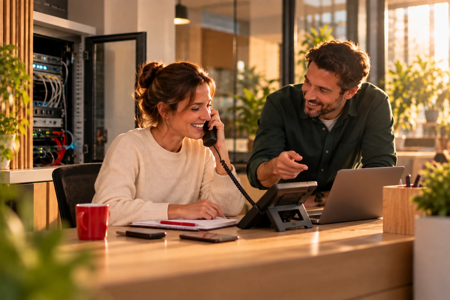 Mise en service de la téléphonie IP à l’accueil d’une PME : la réceptionniste passe un premier appel
