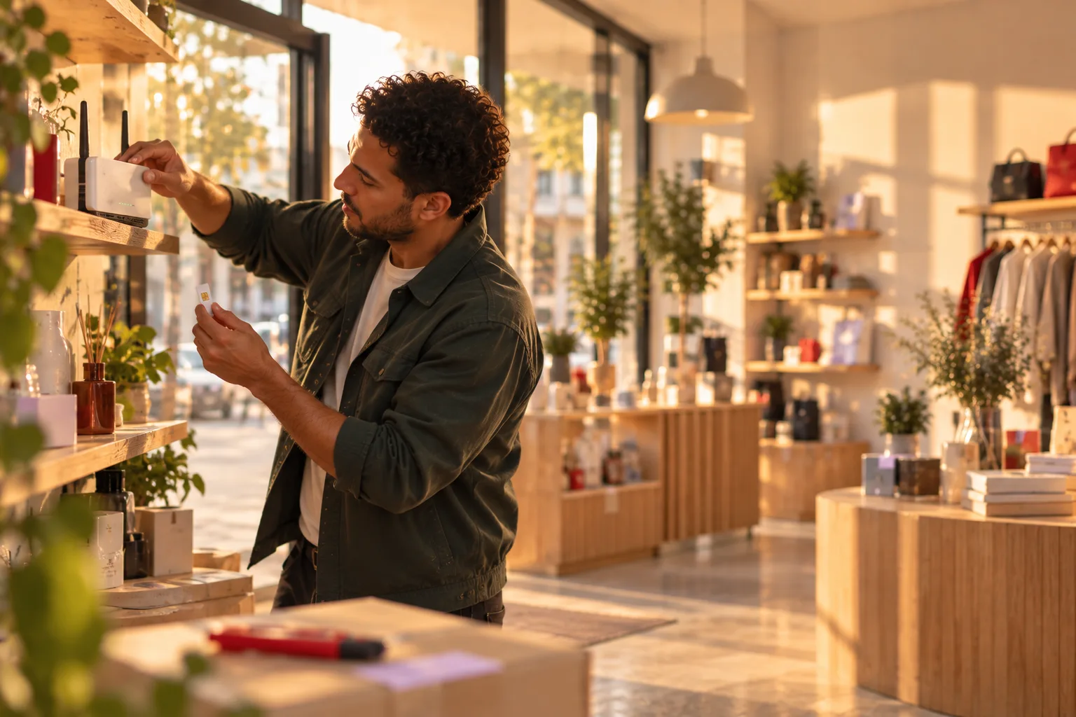 Un commerçant installe un routeur 4G et sa carte SIM data dans sa boutique