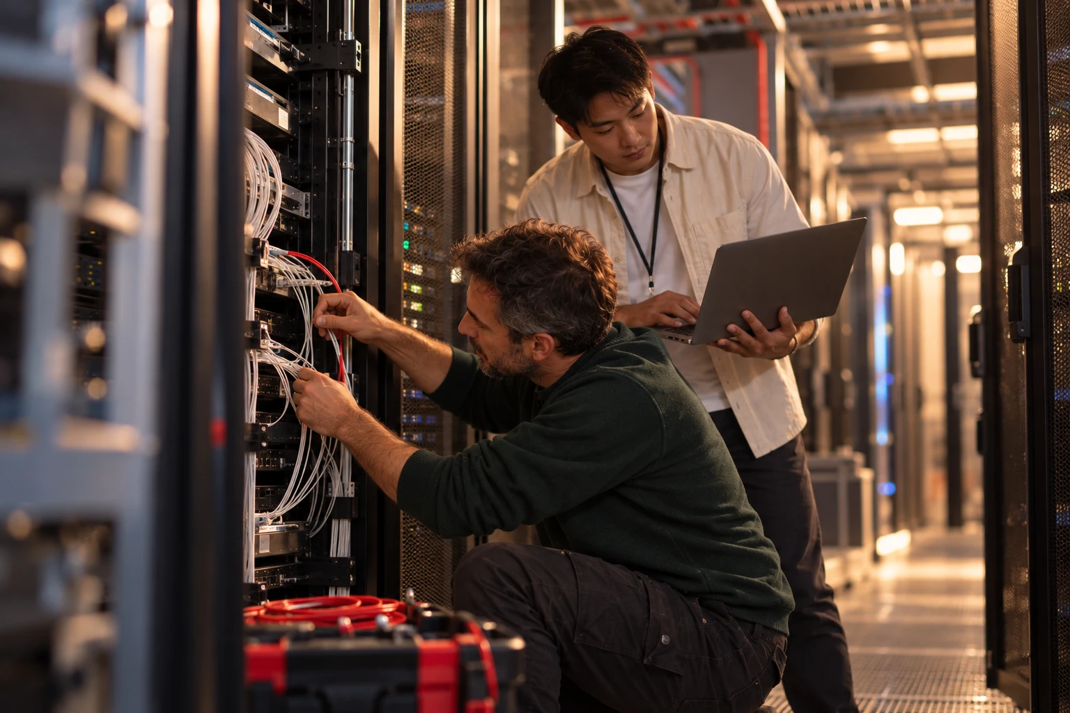 Deux ingénieurs d’un opérateur de services raccordent des liaisons fibre sur une baie de datacenter